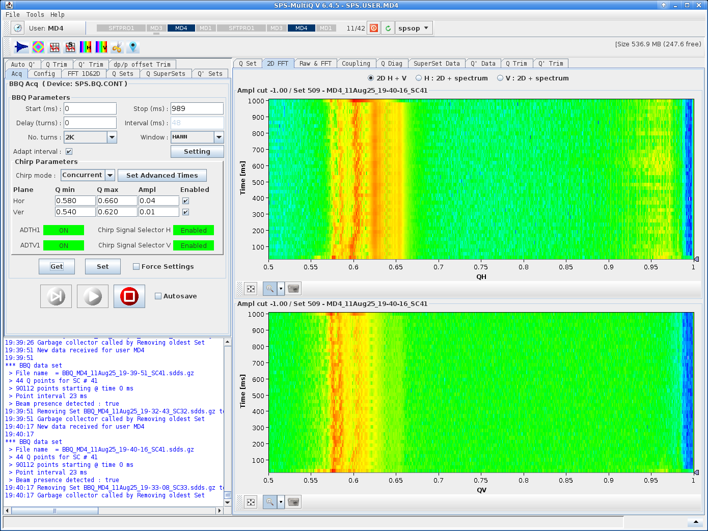 BBQ with flat MD1 and no tune fixes. The orbit has been aligned to 0 at injection, and the beam tunes are the same in H and V at 0.598.