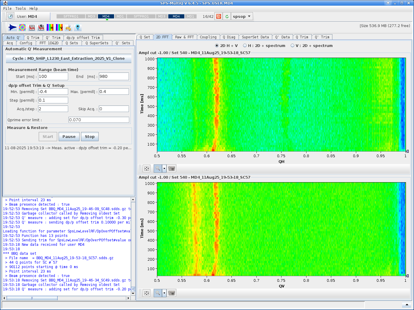 BBQ after moving H tune away from V. Note the tune drift at the beginning of the cycle in the H plane, which is likely due to the orbit change by the RF phase mismatch.
